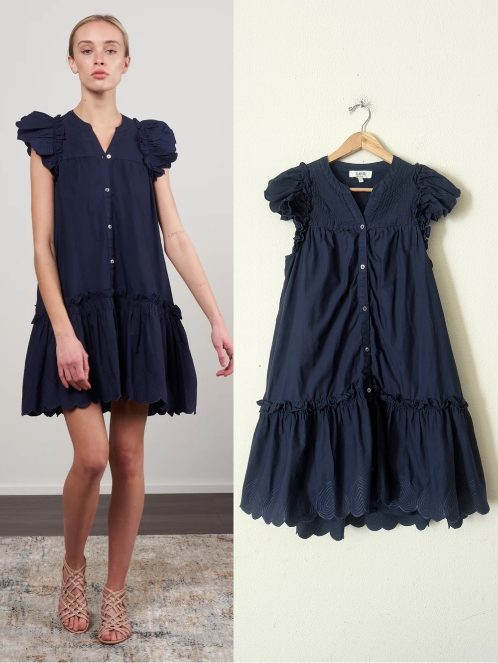 Sea New York LARGE Heidi heart quilt petal sleeve tiered tunic dress in navy